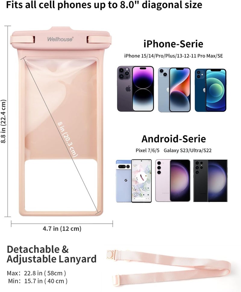 Wellhouse Waterproof Phone Pouch, Waterproof Phone Case for iPhone 16 15 14 13 12 Pro Max XS Samsung, IPX8 3D Cellphone Dry Bag Beach Essentials (2 Pack - Blue & Pink8.0, 8 inch) - Image 4